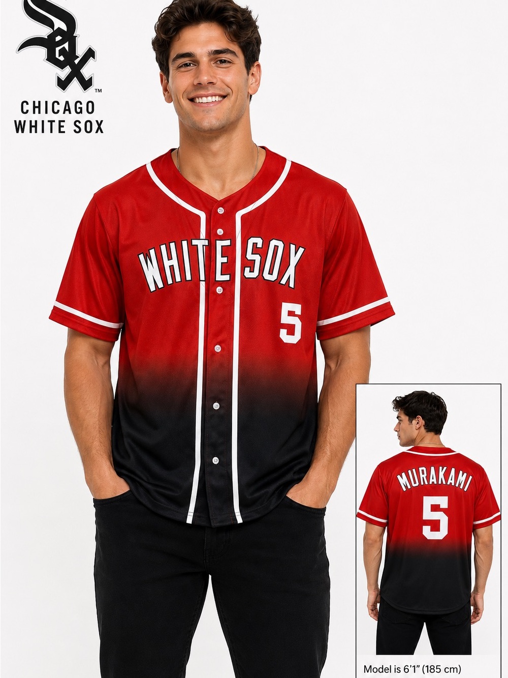 Chicago White Sox MURAKAMI Men's Button Down Jersey Red to Black Gradient